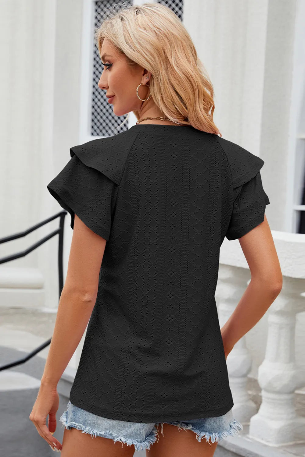 Plush Fashion Hub eyelet notched flutter sleeve T-shirt with relaxed fit and stylish design, featuring flutter sleeves and eyelet details.