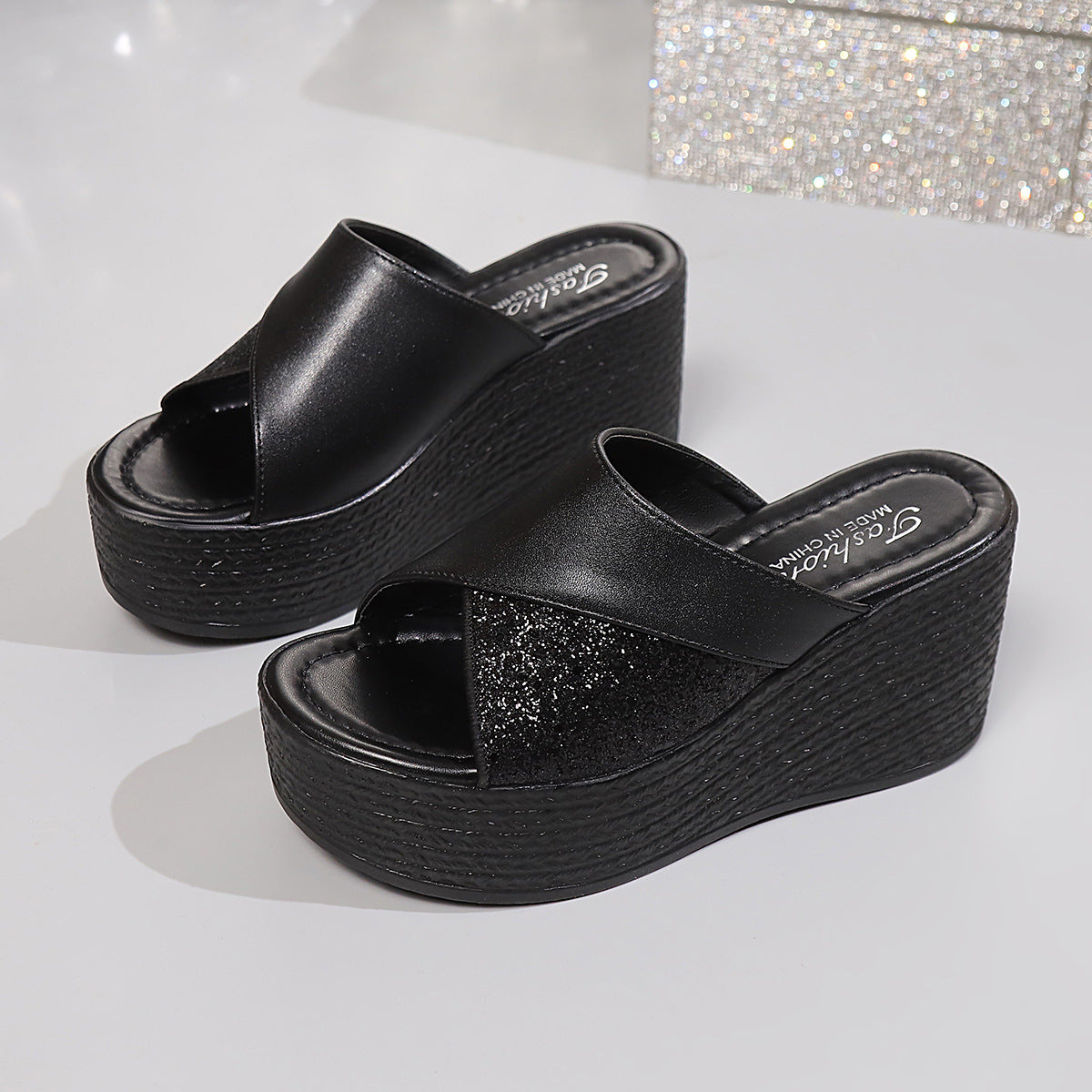 Women's open toe platform wedge sandals in faux leather with high heels, featuring a comfortable design by Plush Fashion Hub.