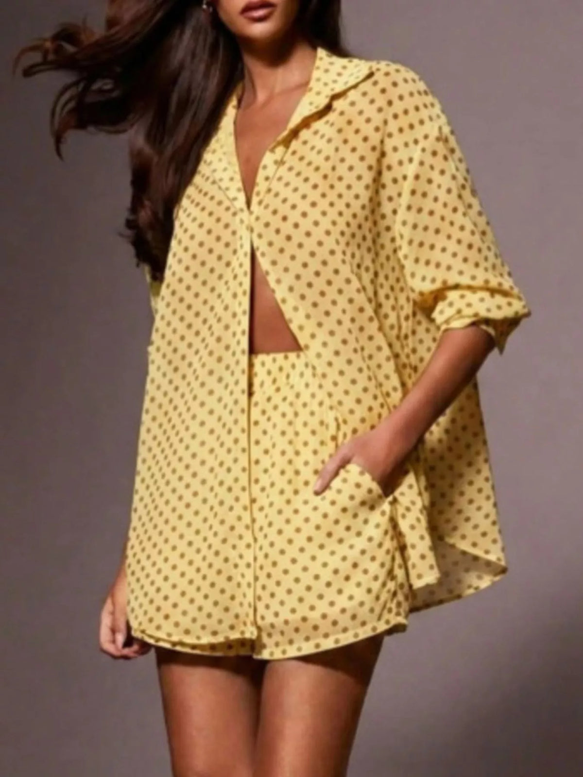 Plush Fashion Hub polka dot button-up shirt and shorts loungewear set, featuring a relaxed fit and playful pattern.