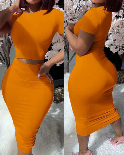 Fitted Dress WearSolid Color Short Sleeve Top Suit Tight Midi Fitted Dress  Wear .Unleash your inner fashionista with our Solid Color Short Sleeve Top Suit Tight Midi Dress! Made froDressPlush Fashions ShopPlush Fashion Shop