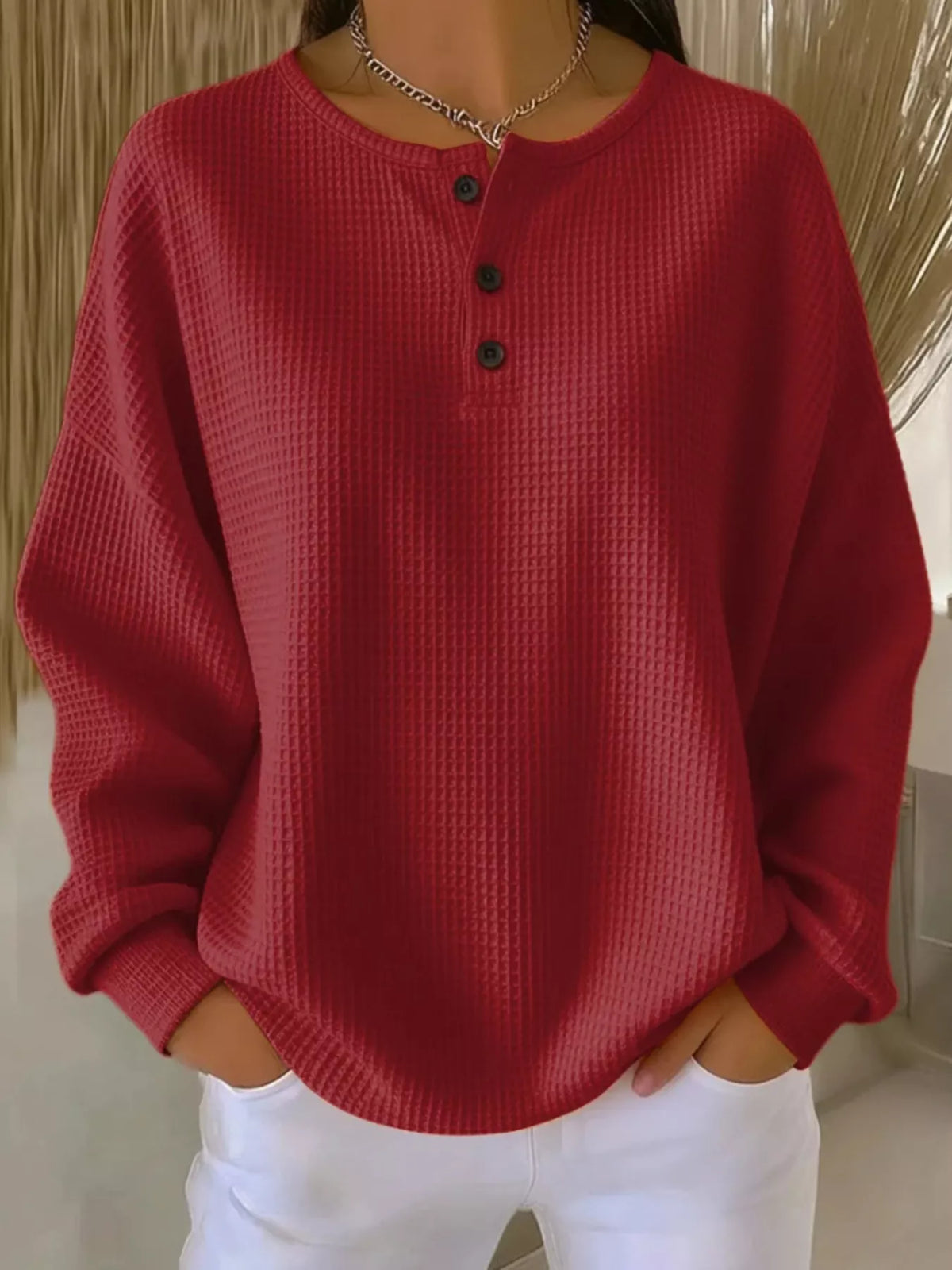 Plus size waffle knit top with button details from Trendsi, featuring a cozy, casual fit and textured fabric.