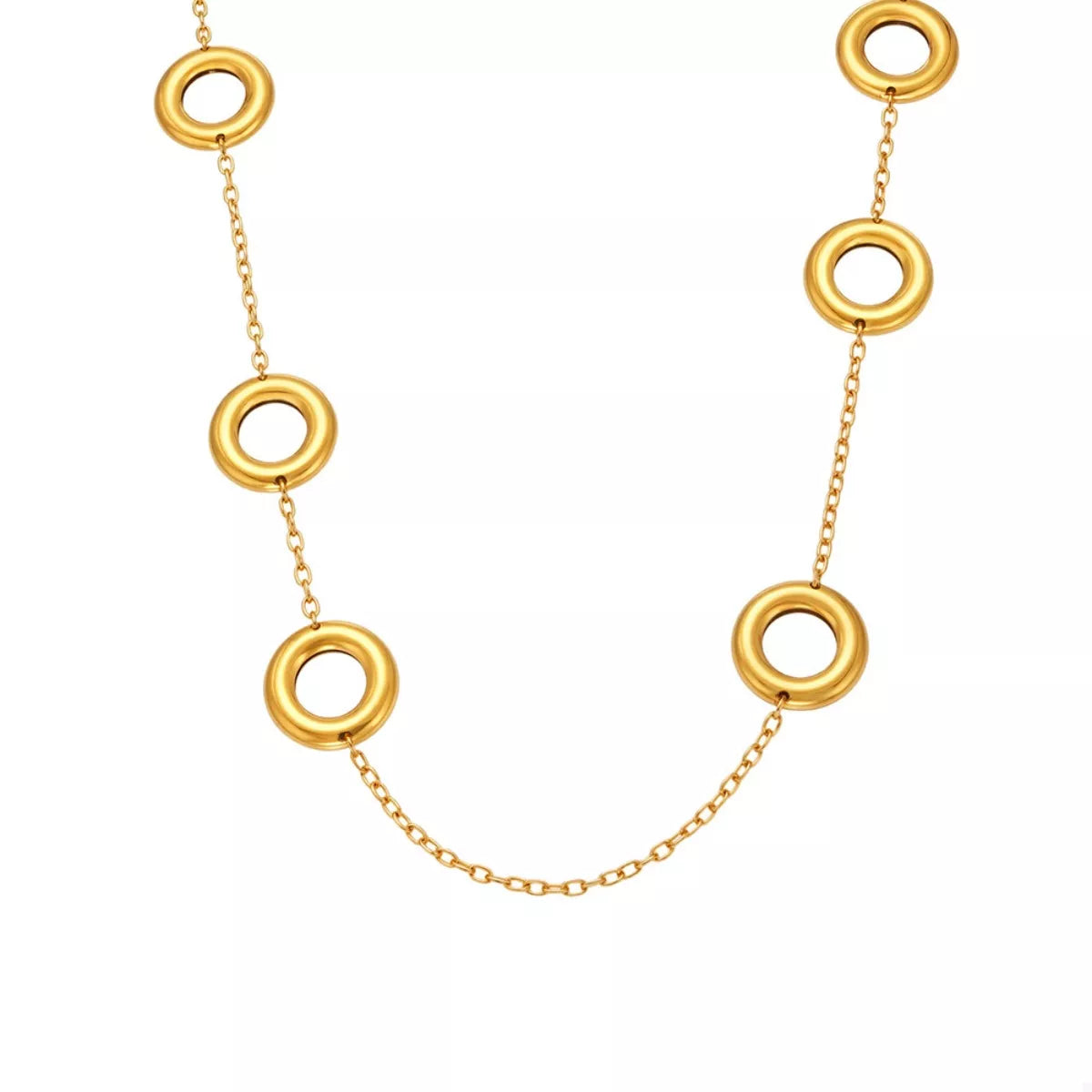 Gold-plated circle chain statement necklace with bold links, stylish jewelry piece from Plush Fashion Hub.