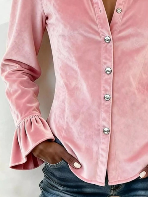 Plus size velvet button-up flare sleeve shirt from Trendsi, featuring a full-size fit and stylish design, shown in the image.
