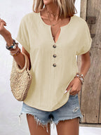 Women's V-neck short-sleeve T-shirt top with buttons from LadyShow.Store, featuring a casual, fitted design in soft fabric.