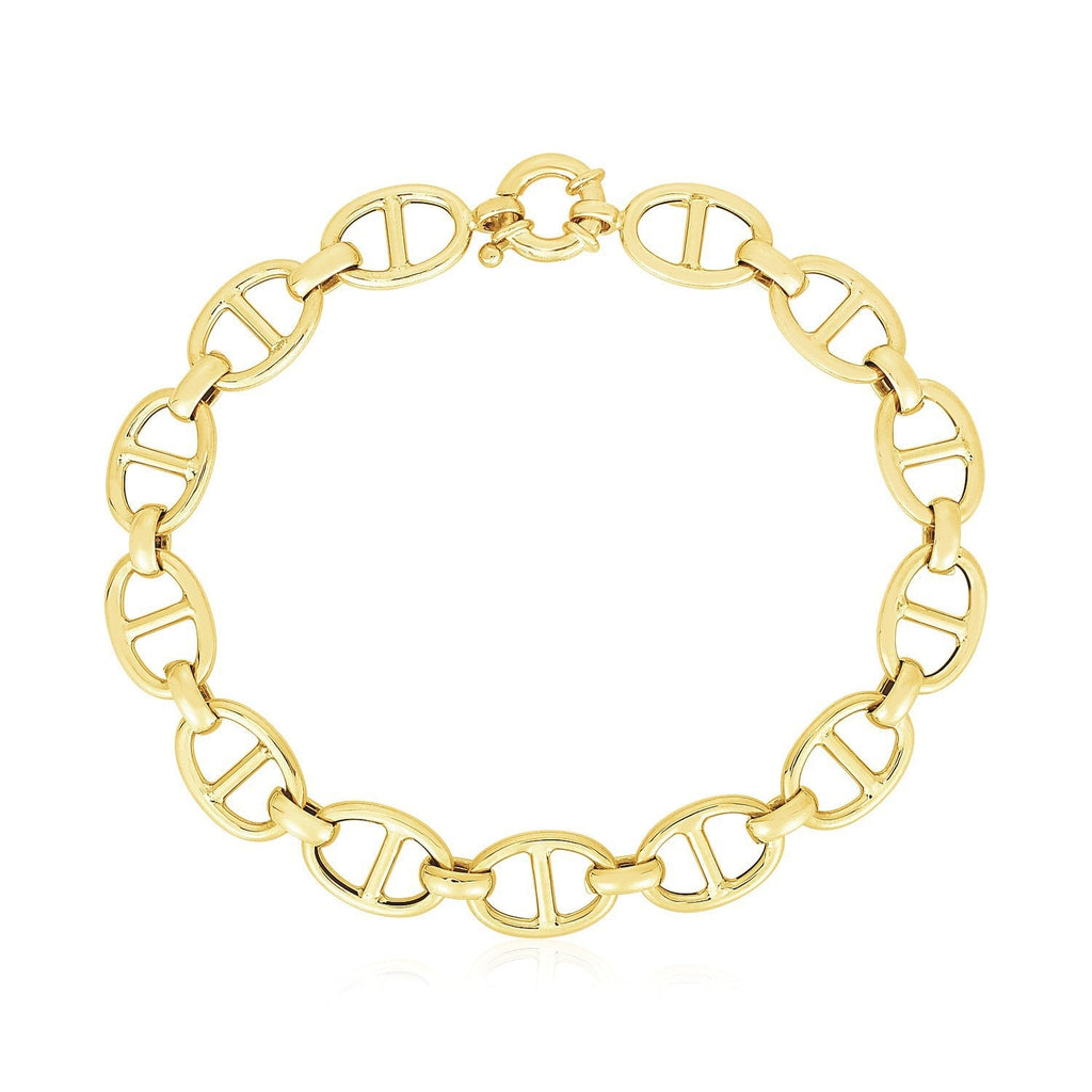 14k yellow gold high polish mariner link bracelet with 8.8mm wide links, showcasing a sleek, shiny jewelry design.