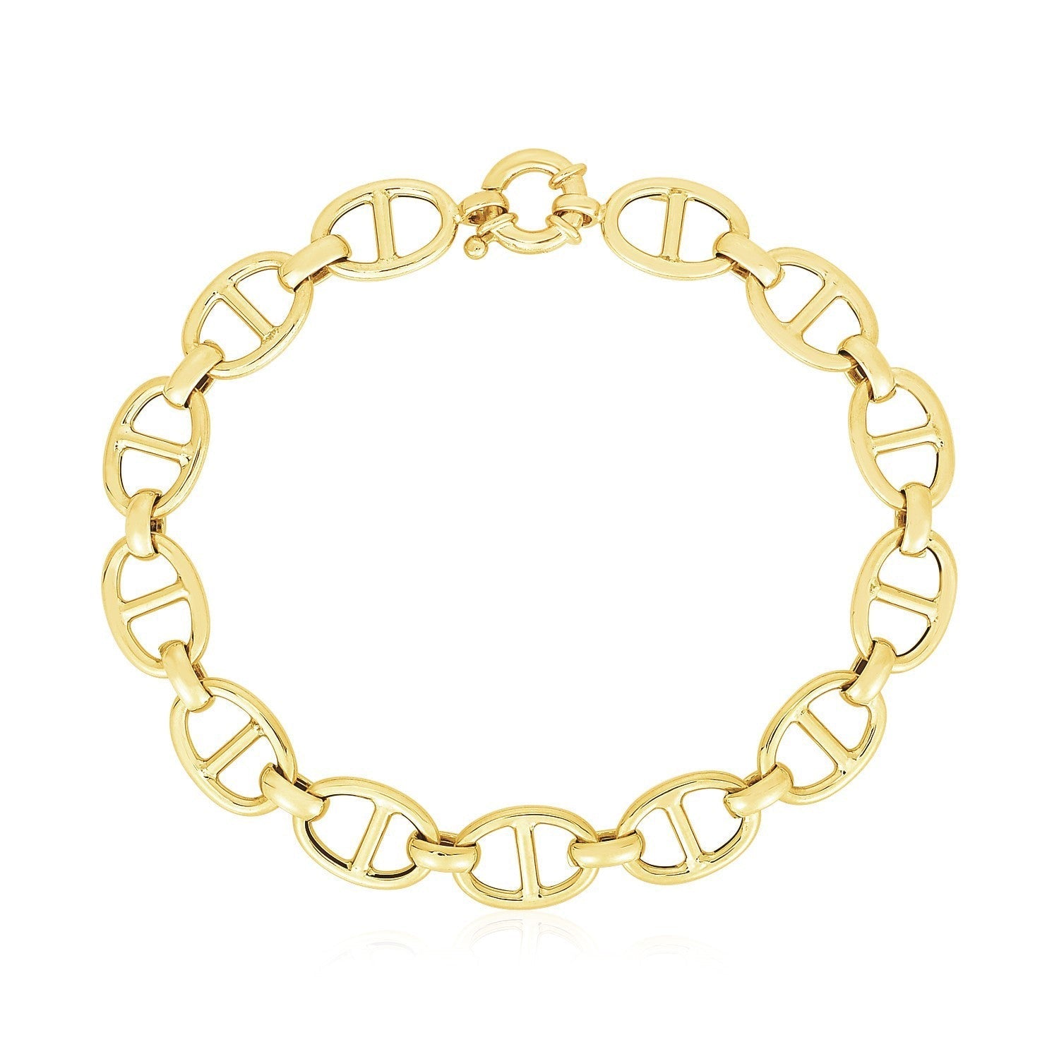 14k yellow gold high polish mariner link bracelet with 8.8mm wide links, showcasing shiny, smooth gold links.