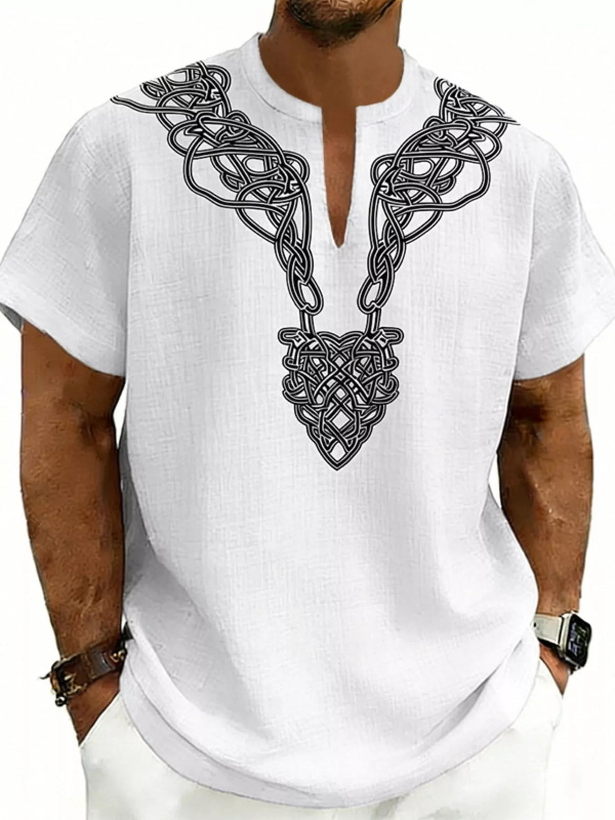 Men's plush fashion hub printed short sleeve notched blouse, plus size, featuring vibrant pattern and comfortable fit.