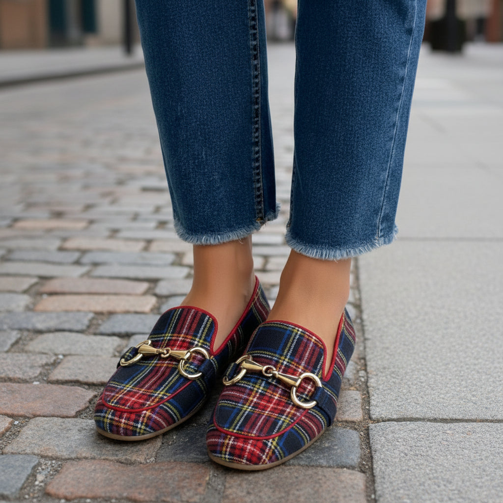 Women's plaid square toe flats by Plush Fashion Hub featuring red and blue casual buckle shoes with comfortable footbed.