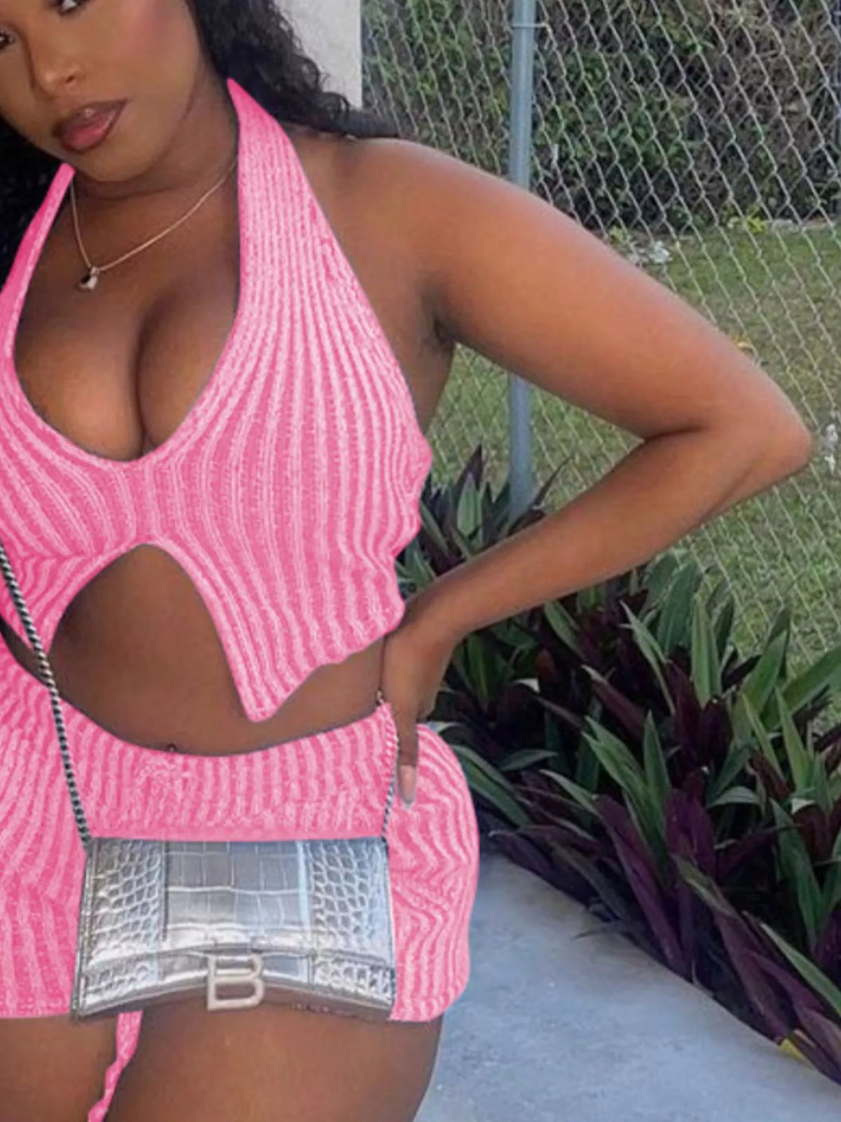 Plush Fashion Hub halter neck sweater top and matching shorts two-piece set featuring a cozy knit fabric and stylish design.