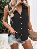 Women's solid-color sleeveless vest top with button details, casual loose fit, by Plush Fashion Hub.