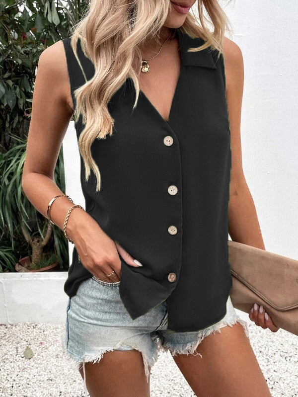 Women's solid-color sleeveless vest top with button details, casual loose fit, by Plush Fashion Hub.