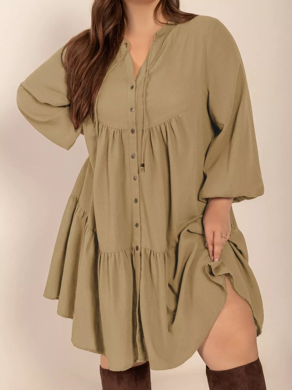 Plus size tie neck balloon sleeve dress by Plush Fashion Hub, stylish and comfortable dress with a fitted waist and elegant balloon sleeves.