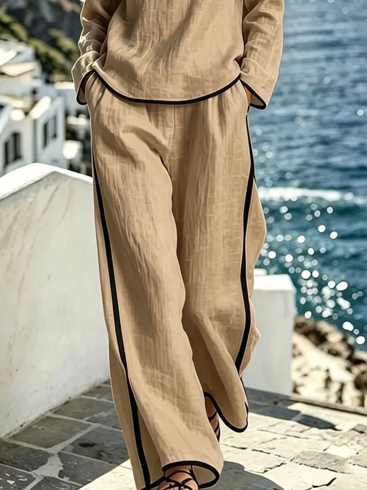 Contrast trim long sleeve top and pants set by Trendsi, featuring a coordinated casual outfit with stylish design details.