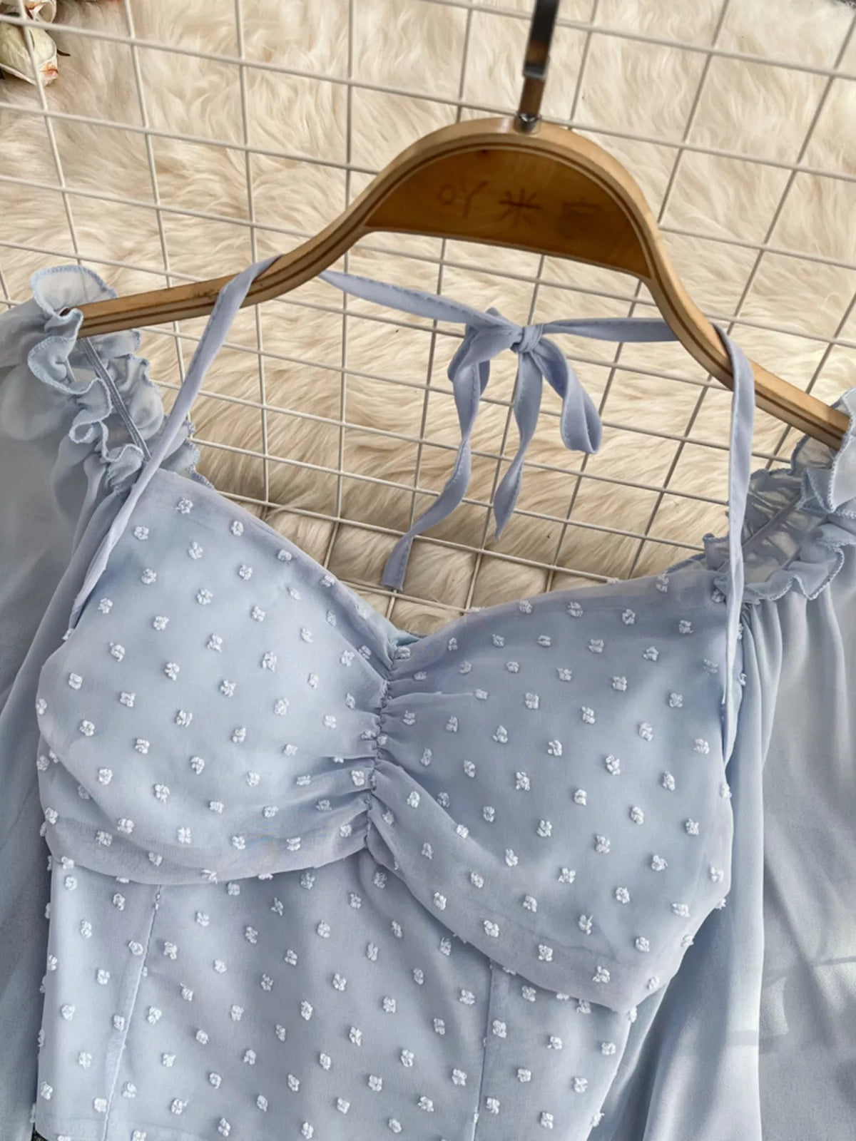 Elegant white Swiss Dot ruffled flounce sleeve blouse for women with long sleeves, stylish Plush Fashion Hub top.