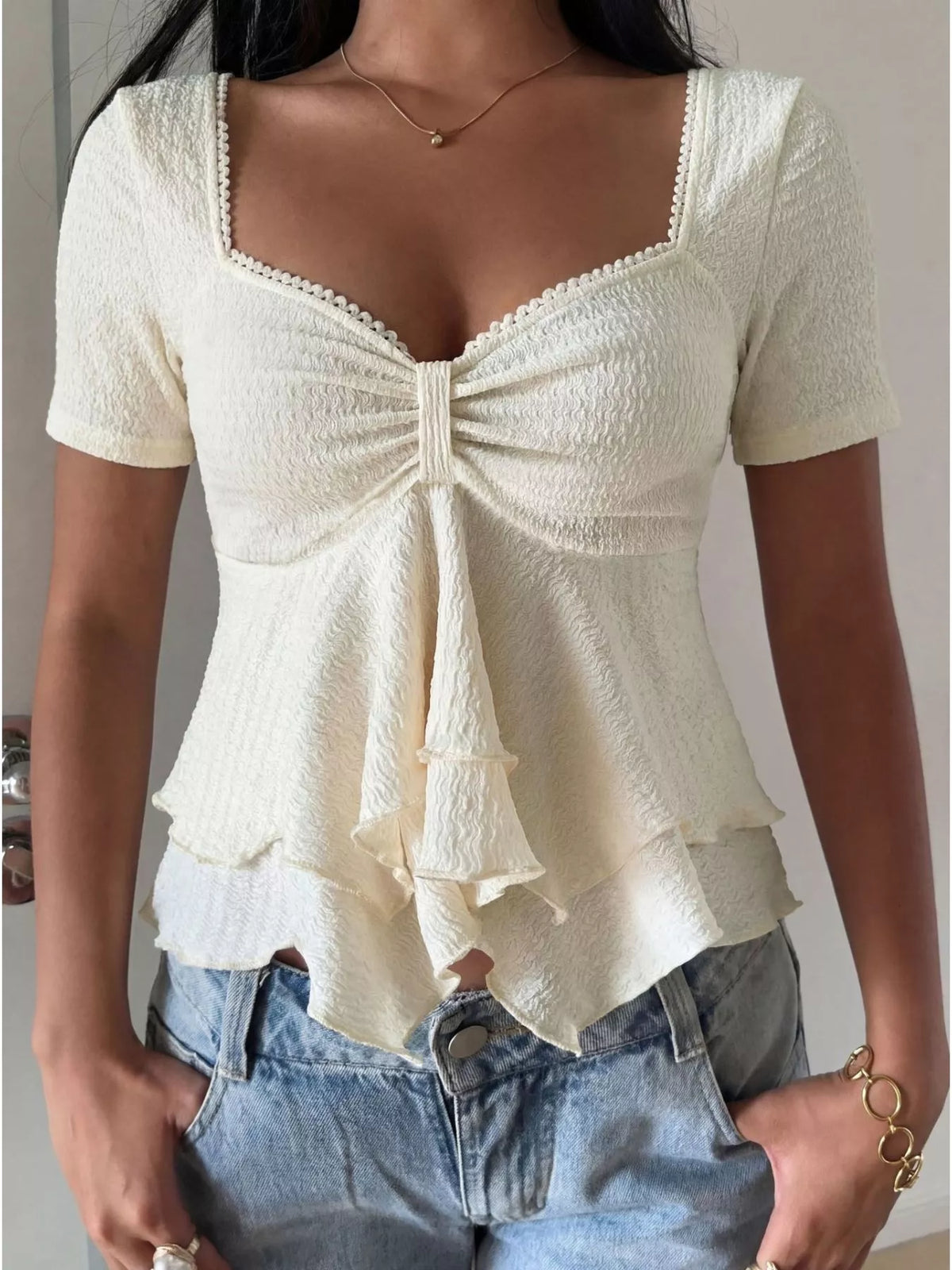 Sweetheart neck layered ruffle top by Plush Fashion Hub, featuring feminine ruffle details and a flattering neckline.