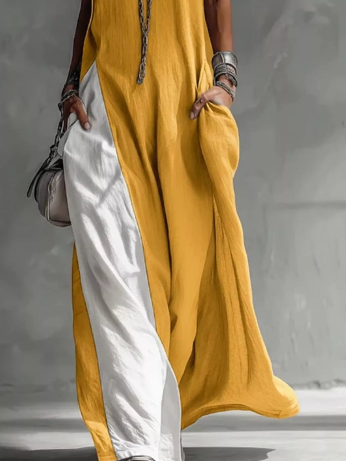 Two-tone sleeveless maxi dress by Plush Fashion Hub, casual elegant floor-length summer gown with a flowing design and vibrant colors.