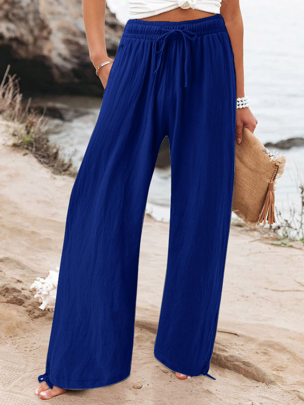 Plus size full length drawstring wide leg pants from Trendsi, featuring a comfortable fit and stylish design.