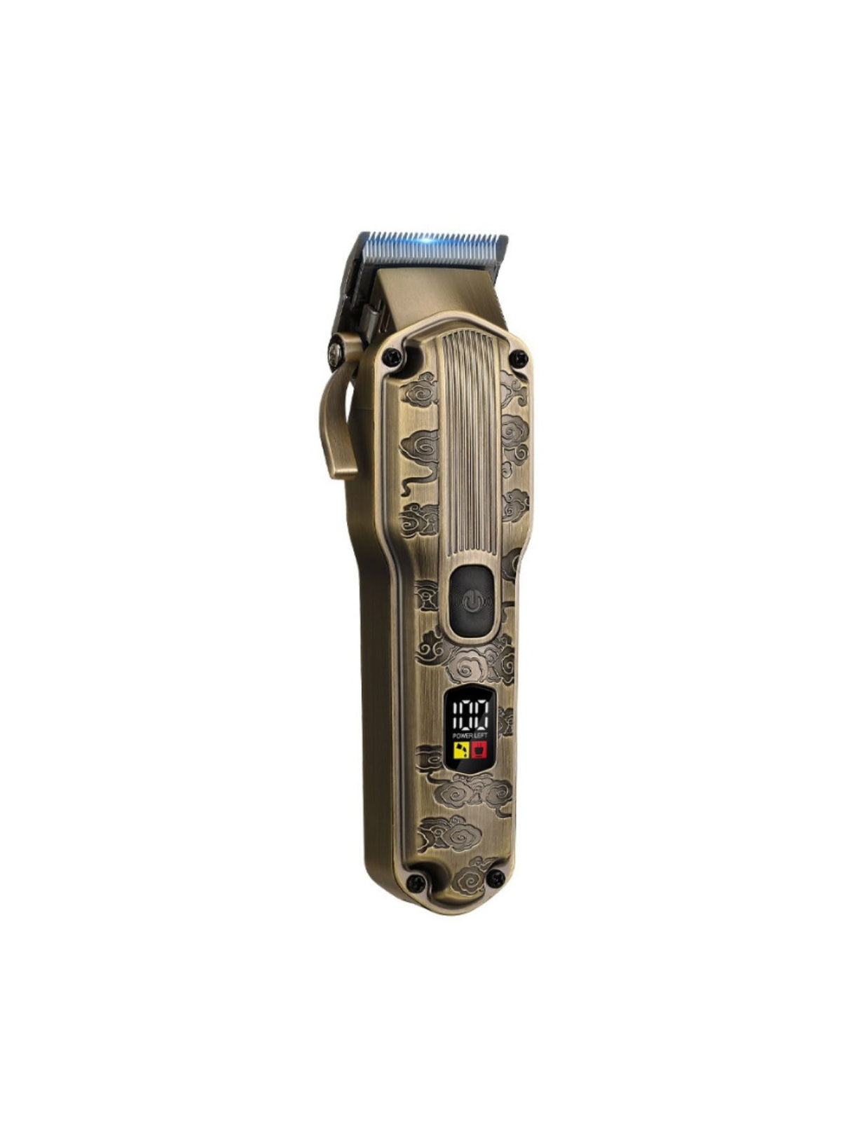Professional 19-piece LED display hair clipper and grooming kit for men with various attachments and sleek black design.
