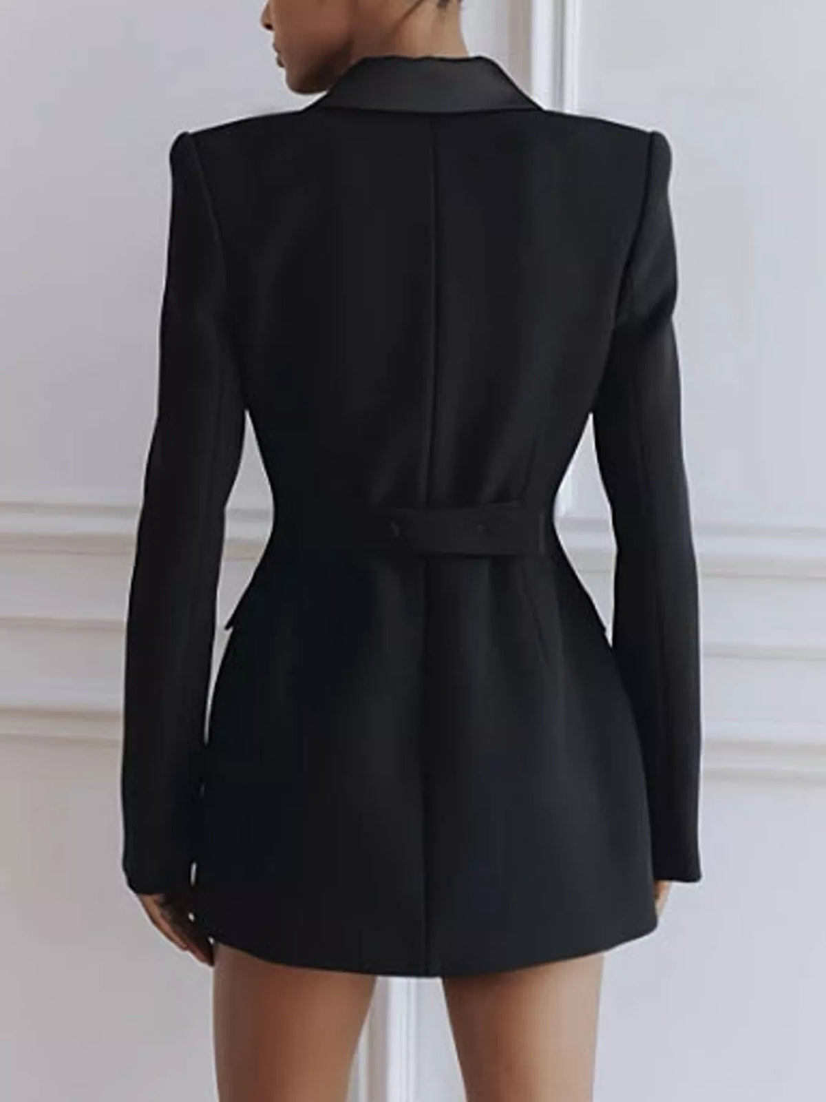 Satin lapel double-breasted blazer in sleek fabric, tailored fit, stylish design, featuring button details, by Trendsi.