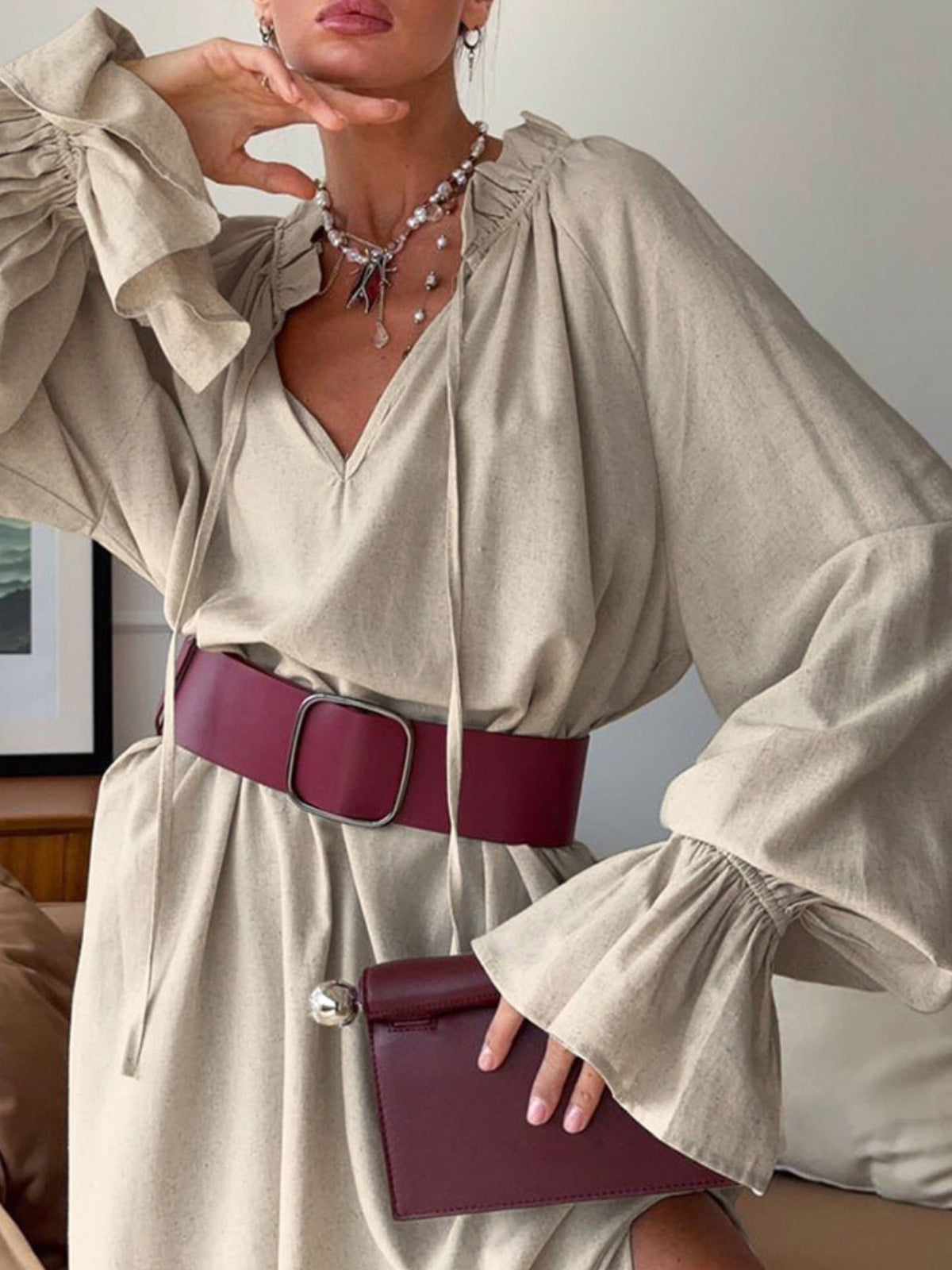 Cotton linen maxi dress by Plush Fashion Hub featuring a tie neck and flounce sleeves, casual and stylish for warm weather.