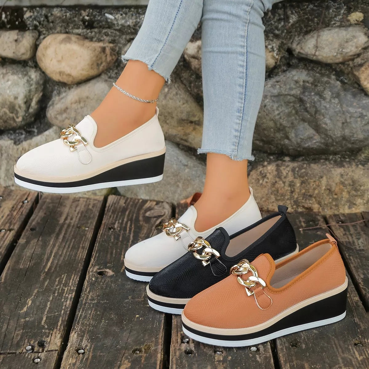 Chain decor wedge loafers from Trendsi featuring stylish footwear with a sleek design and trendy chain embellishments.