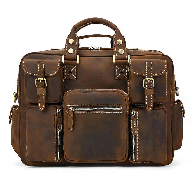 Pi-Mart men's leather briefcase with shoulder strap, laptop compartment, and durable horse leather construction.