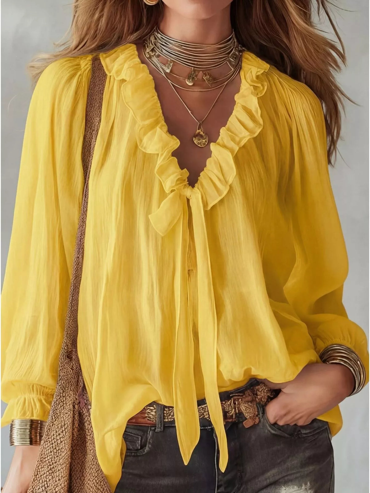 Plush Fashion Hub ruffle long sleeve blouse with feminine details, lightweight fabric, and elegant design for stylish everyday wear.