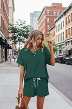 Plush Fashion Hub solid color short sleeve t-shirt and shorts two-piece set in various colors, casual summer outfit for women.