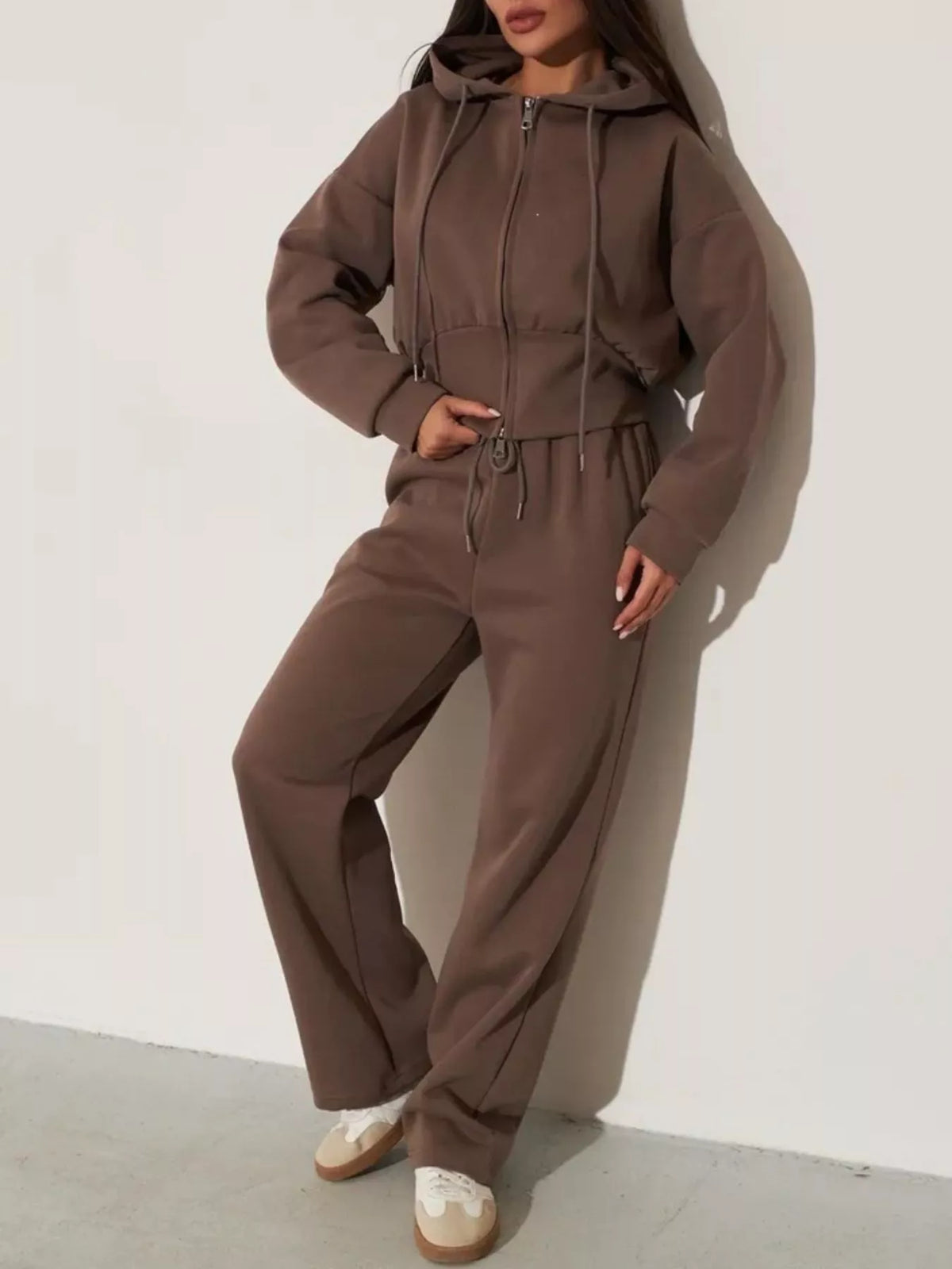 Plush Fashion Hub zip-up hoodie and wide-leg pants loungewear set, soft fabric, relaxed fit, in neutral colors.