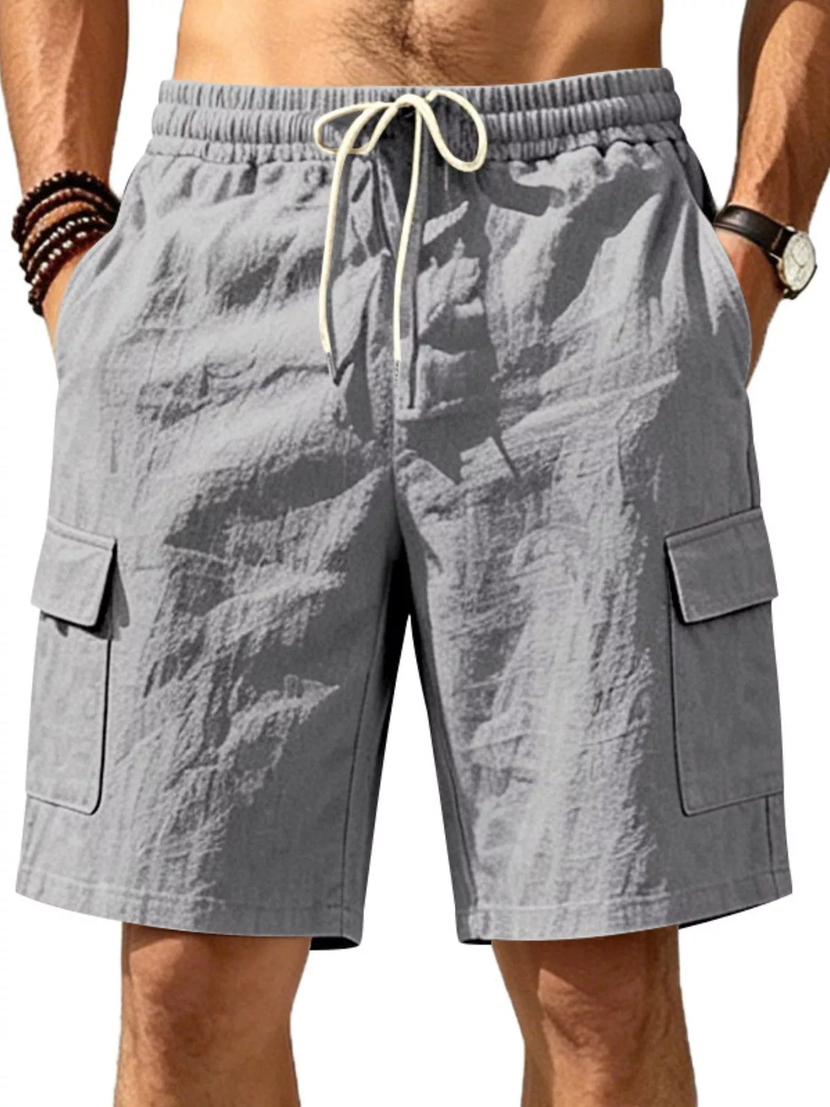Men's plus size casual cargo shorts with drawstring waist, in a relaxed fit, featuring multiple pockets and comfortable fabric.