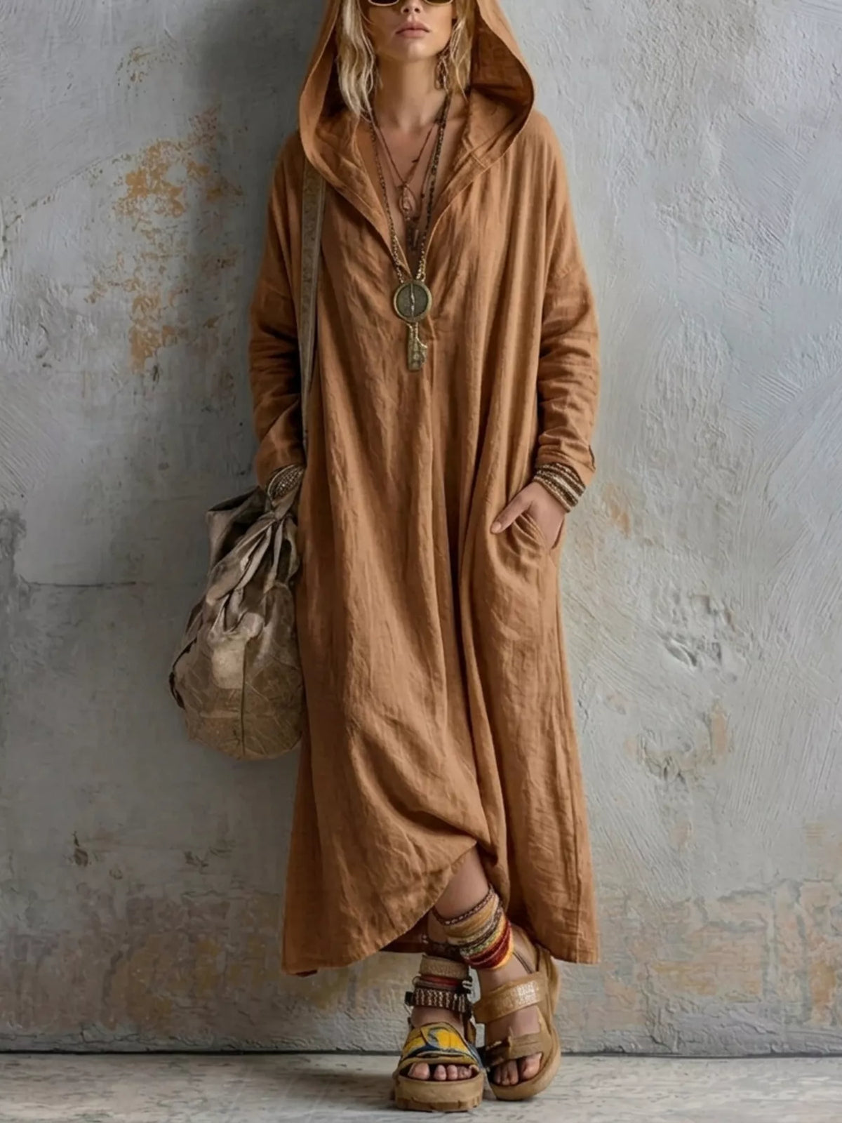 Women's long sleeve hooded midi dress with pockets, stylish and comfortable, from Trendsi, shown in a front view with a relaxed fit.
