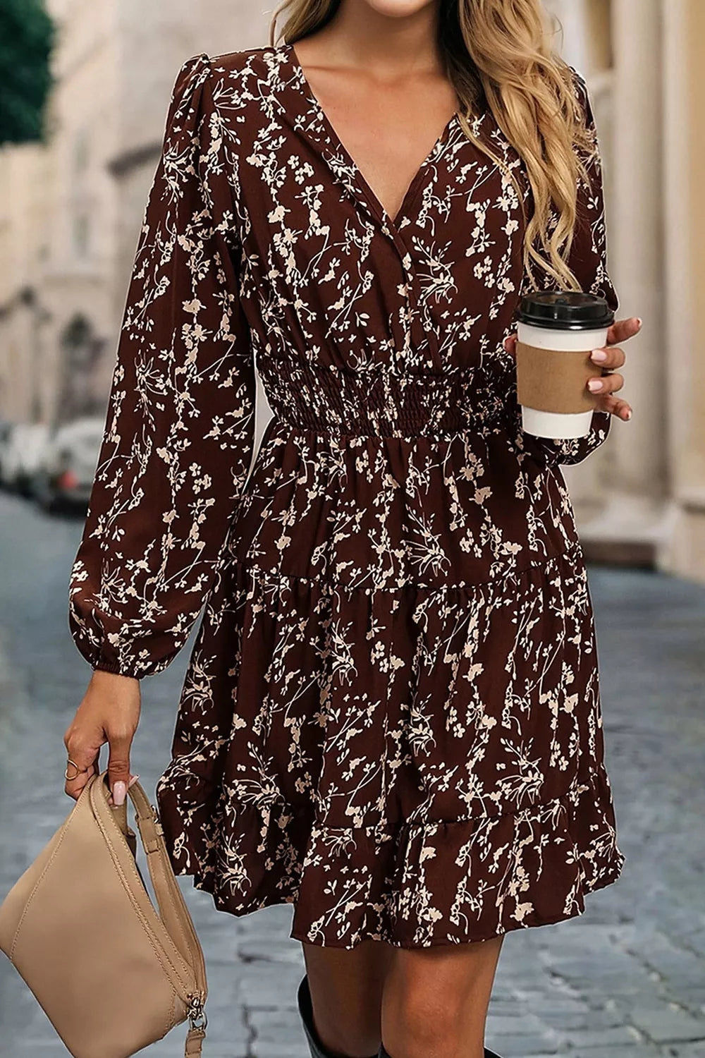 Plush Fashion Hub ditsy floral print mini dress with split neck, long sleeves, shirred waist, and flared hem.