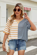 Striped round neck half sleeve T-shirt from Trendsi, casual tops with a classic fit and bold stripe pattern.