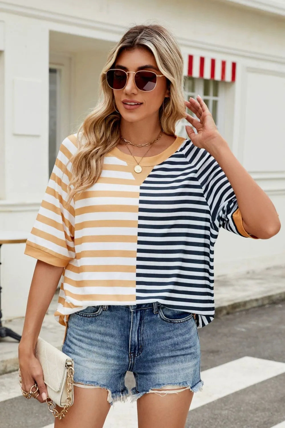 Striped round neck half sleeve T-shirt from Plush Fashion Hub, casual tops with colorful horizontal stripes and soft fabric.