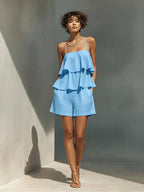 Women's multi-layer ruffle camisole and shorts set in lightweight fabric, casualwear by FitiqueFit, shown in natural pose.