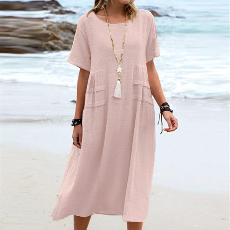 Women's casual cotton linen short-sleeve midi dress by Plush Fashion Hub, featuring a relaxed fit and breathable fabric.