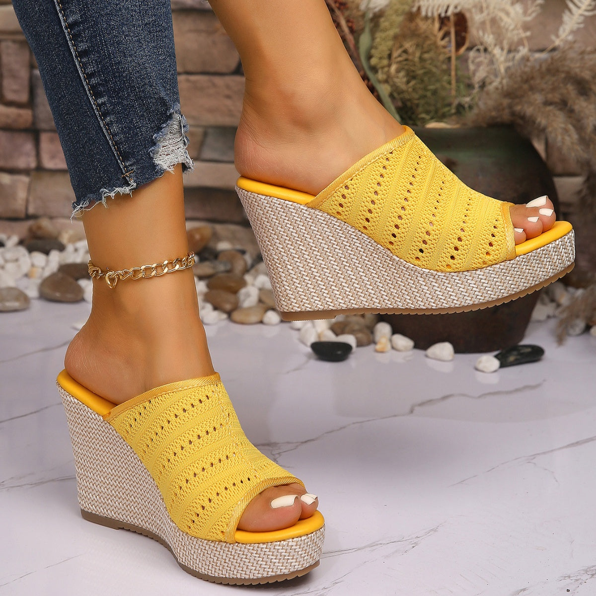Women's mesh open toe wedge sandals with high heels and comfort design by Plush Fashion Hub, featuring a stylish and breathable shoe style.