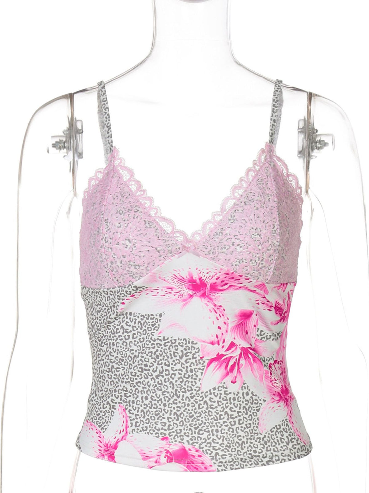 Women's leopard print cami top with lace trim from Plush Fashion Hub, featuring a stylish sleeveless design and leopard pattern.