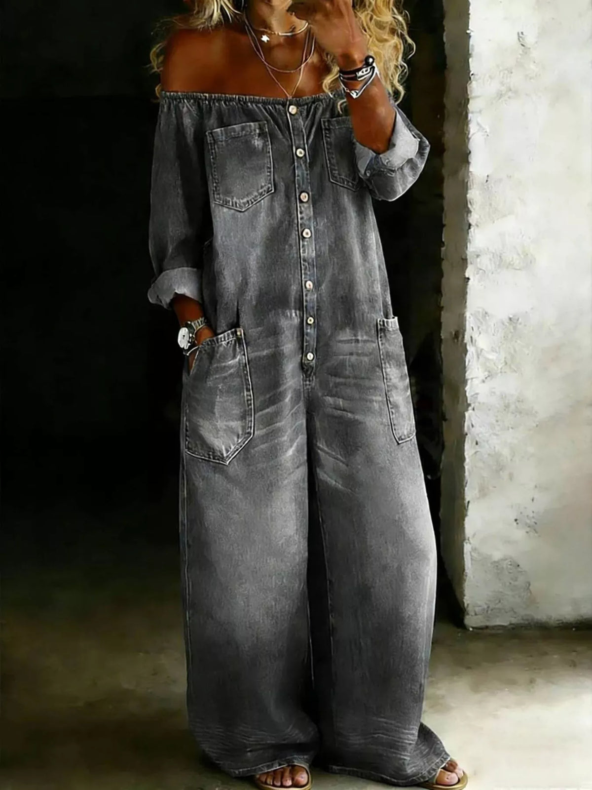 Plus size off-shoulder button-down wide-leg jumpsuit by Plush Fashion Hub, shown in full length with flowing fabric and stylish design.