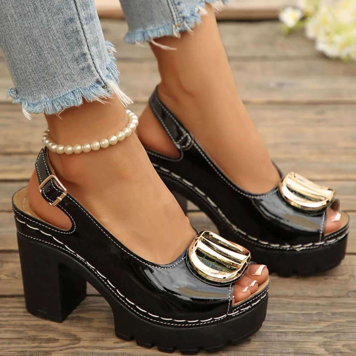 Plush Fashion Hub plush peep toe block heel sandals with a stylish design, featuring a soft upper and chunky heel for comfort.