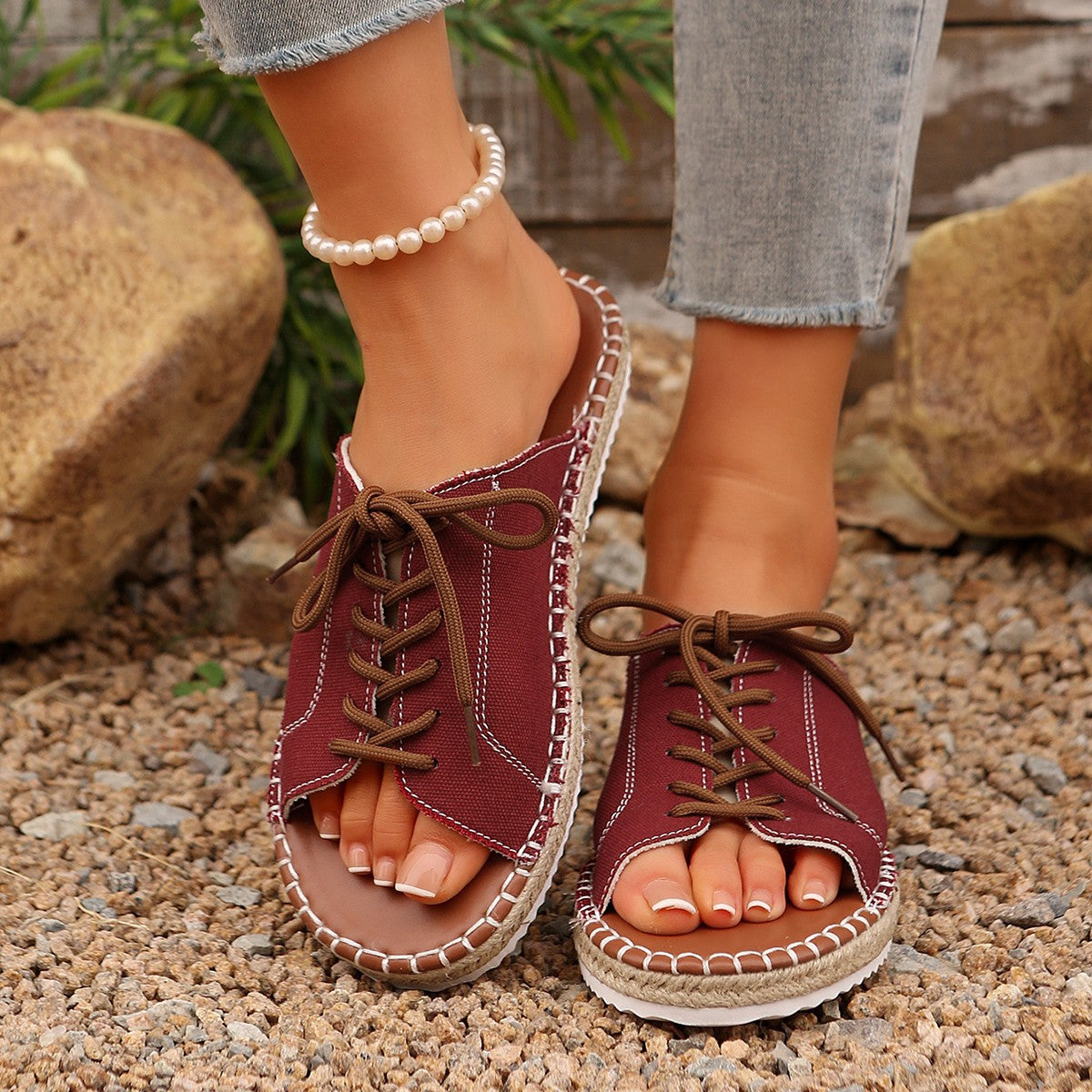 Women’s faux leather lace-up open toe flat sandals by Plush Fashion Hub, featuring stylish design and comfortable flat sole.