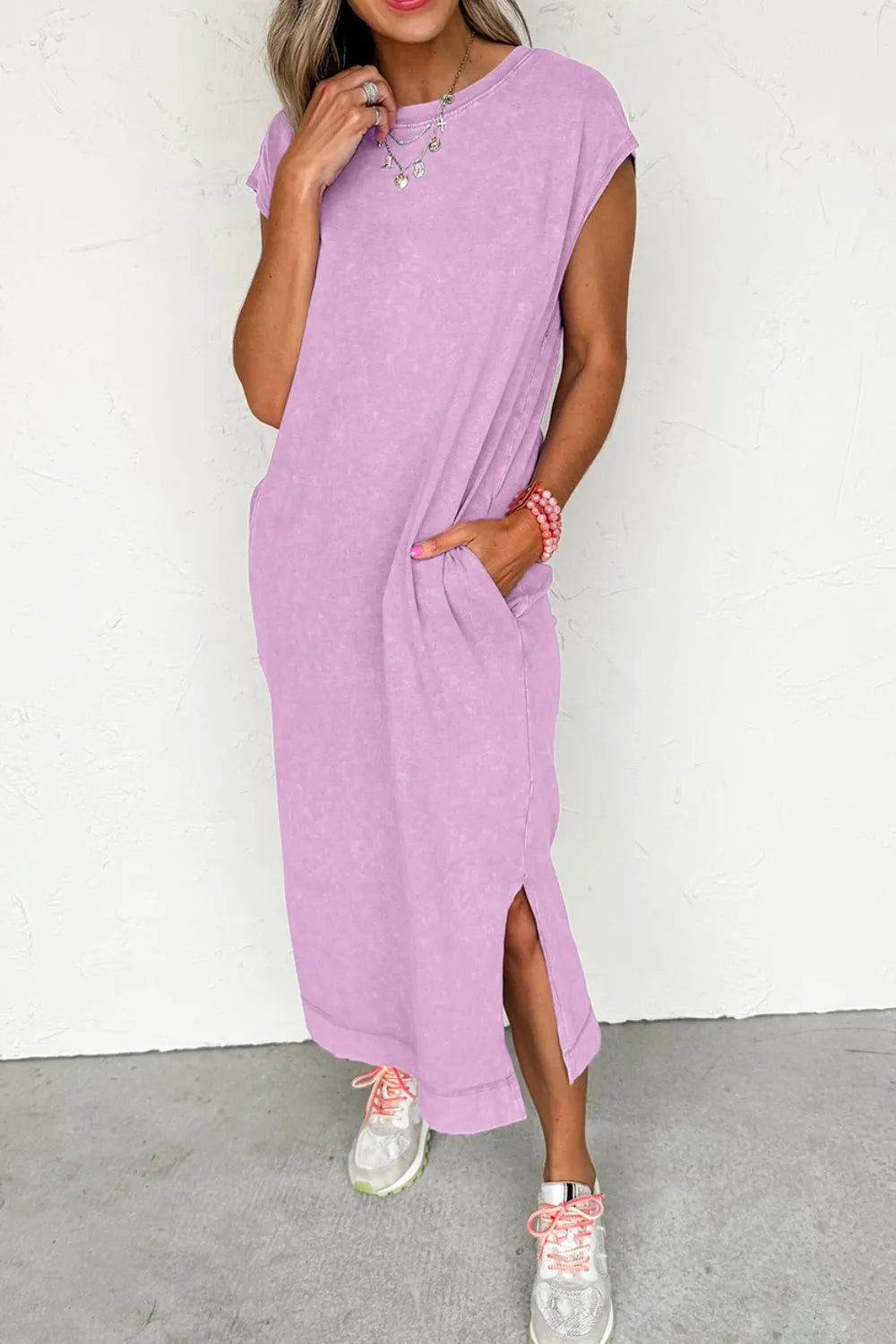 Plush Fashion Hub side split round neck cap sleeve T-shirt dress displayed on a hanger, casual and stylish length and design.