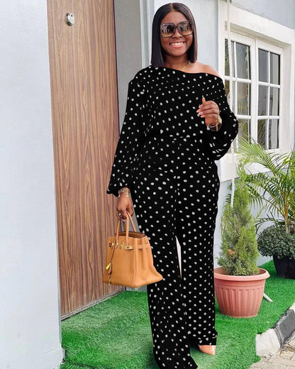 Polka Dot Printed Long-sleeved Trousers Casual Fashion Loose Shoulder Effortlessly elevate your wardrobe with our Polka Dot Printed Long-sleeved Trousers. Made from lightweight, comfy polyester, these trousers feature lantern sleeves f2 piece Pants setPlush Fashions ShopPlush Fashion Shop