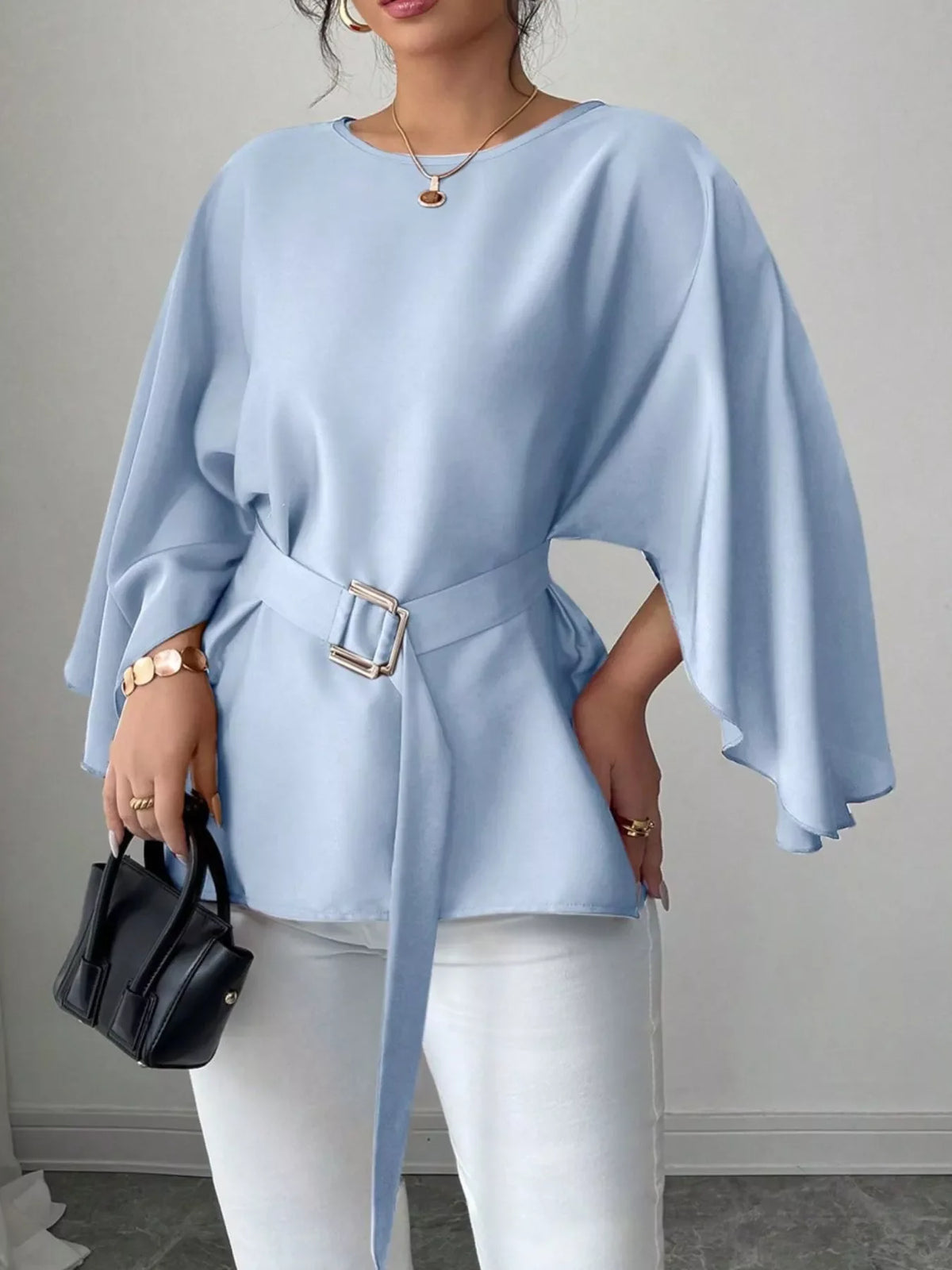 Plush Fashion Hub batwing sleeve belted blouse with flowy fabric and stylish design, perfect for casual or office wear.