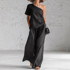Women's wide-leg pants and top set by FitiqueFit, featuring a casual 3/4 sleeve outfit in a stylish, comfortable design.