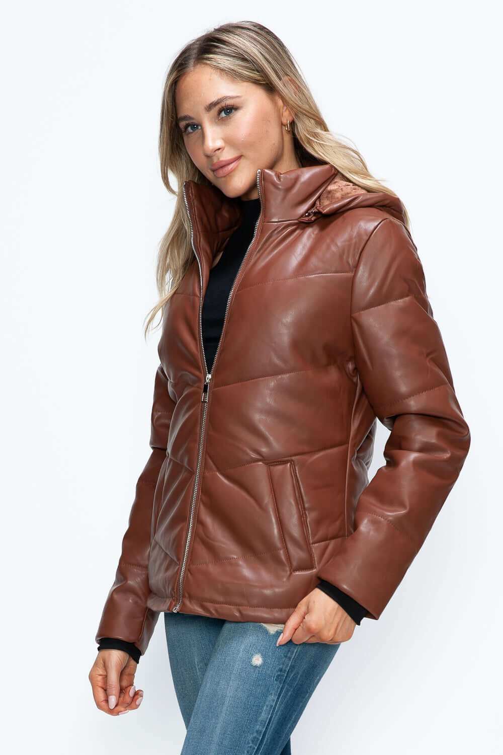 Pocketed Zip Up Puffer Jacket with Removable Hood in brown pleather.