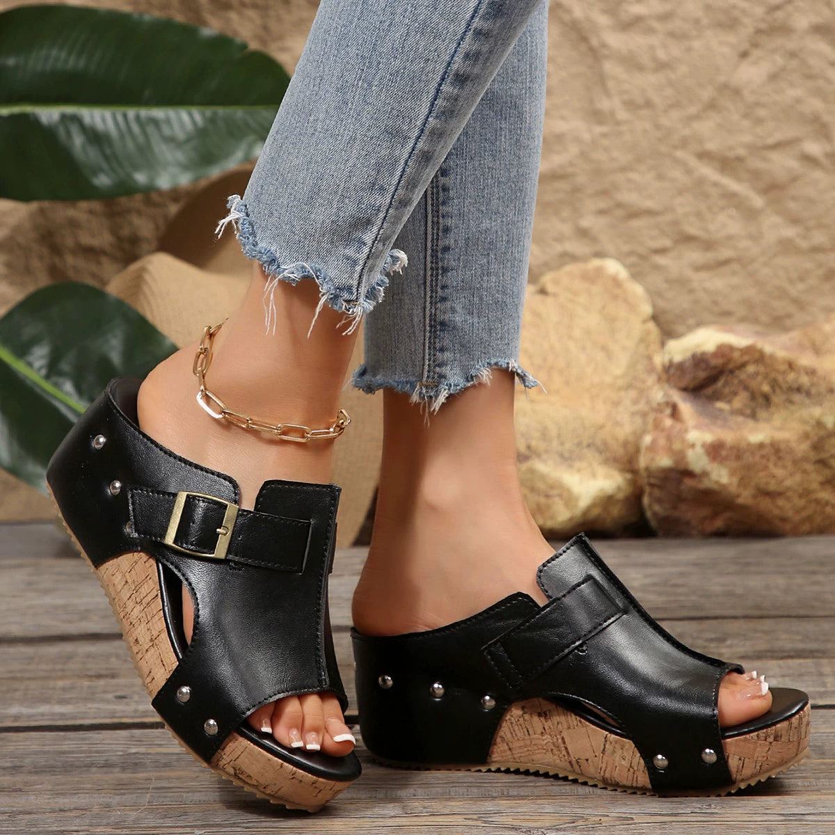 Women’s open toe PU leather wedge sandals with high heels, stylish and comfortable footwear from Plush Fashion Hub.