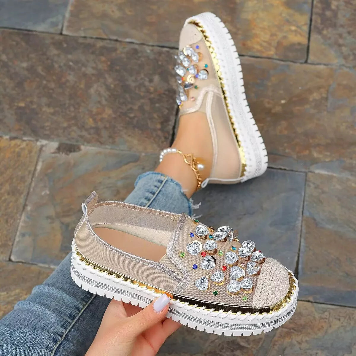 Rhinestone decor platform loafers from Trendsi, stylish footwear with sparkling rhinestone accents and chunky sole.