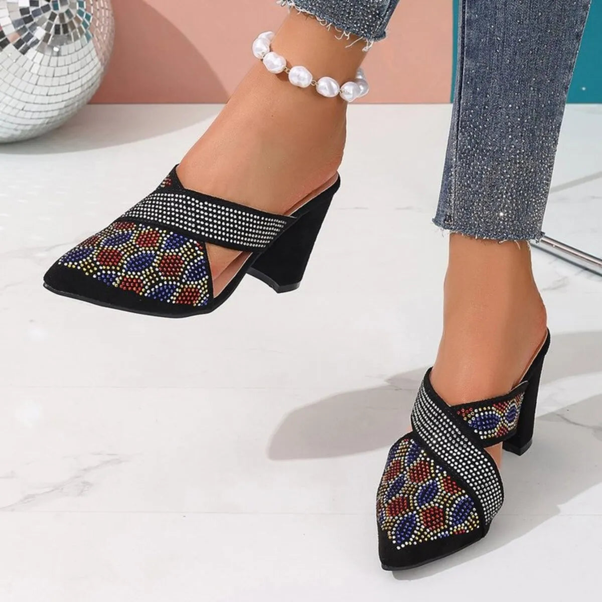 Women's point toe block heels sandals by Trendsi featuring stylish design and comfortable heel height, perfect for dressy occasions.