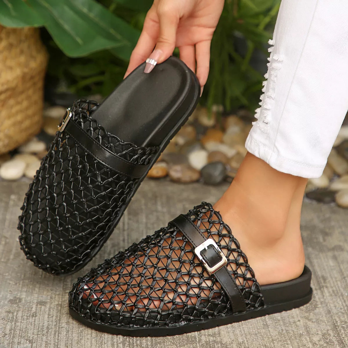 Plush Fashion Hub round toe buckle sandals with ankle strap and block heel, stylish and comfortable for summer wear.